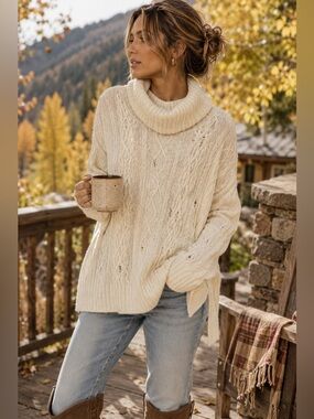 Free People Cream Alpaca Blend Oversized Cable Knit Cowl Neck Sweater Sz S